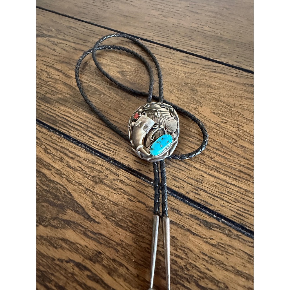 Vintage Sterling Silver Turquoise Native Made Bolo Tie Claw Coral Feather Detail